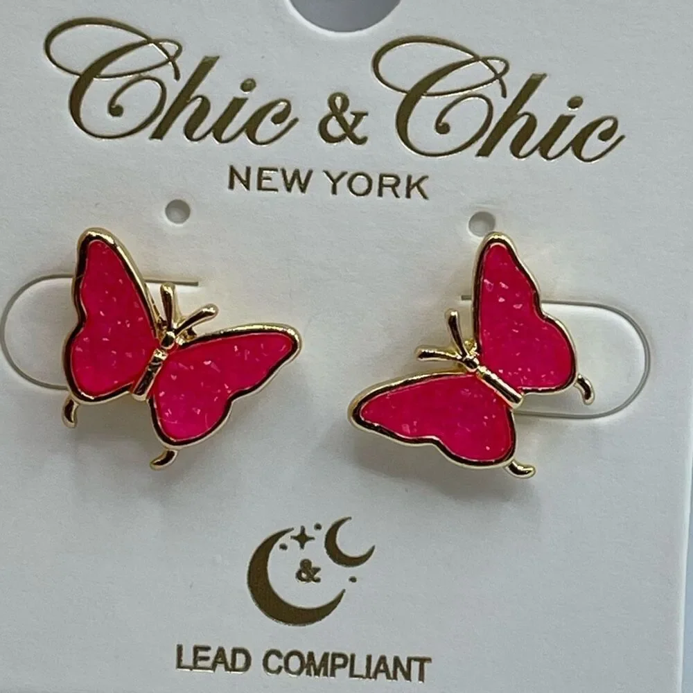 NWT Chic n Chic electric pink druzy butterfly post style earrings